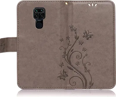 Produktbild von Handy Tasche für Xiaomi Redmi Note 9 Schutz Hülle Handyhülle mit Blumenmuster Klapp Hülle mit Standfunktion und Kartenfächer Grau