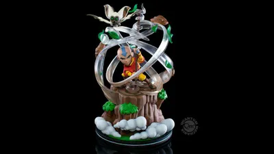 A collectible figurine of Aang from Avatar: The Last Airbender, depicted in a dynamic pose with swirling air effects.