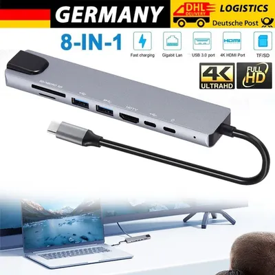 Produktbild von USB C Hub 8 in 1 Adapter 4K HDMI USB 3.0 Micro SD RJ45 Ethernet Netzwerk Macbook
