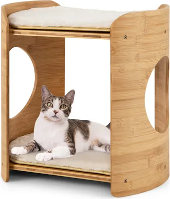 Produktbild von COSTWAY 2 Etagen Katzenbett Bambus, Katzenschlafplatz mit abnehmbaren Plüschmatten, 2 Katzenlöchern & 2 Betten, Katzenmöbel, Katzenhöhle 40x33x41cm