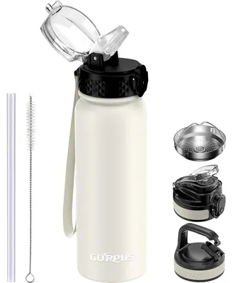 Image de Bouteille d'eau en acier inoxydable avec paille, 600 ml, couleur beige, sans BPA, étanche, thermos