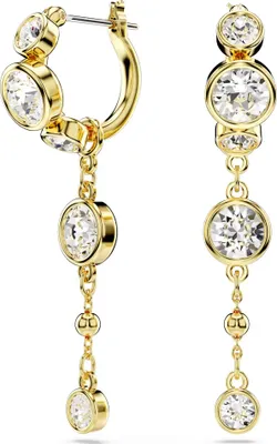 A pair of gold earrings with clear crystals against a white background.