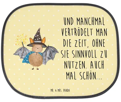 Produktbild von Mr. & Mrs. Panda Sonnenschutz Fürs Auto Fledermaus Zauberer - Gelb Pastell - Geschenk, Frauen, Magier, Sonnenblende, Lustige Sprüche, Reinsteigern, Seitlicher
