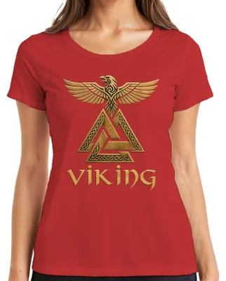 Productafbeelding van VIKING T-shirt met Valknut-motief, afbeelding van een raaf, Odin, Noorse mythologie, afbeelding van een krijger, Walhalla, damesmodel, rood, maat M