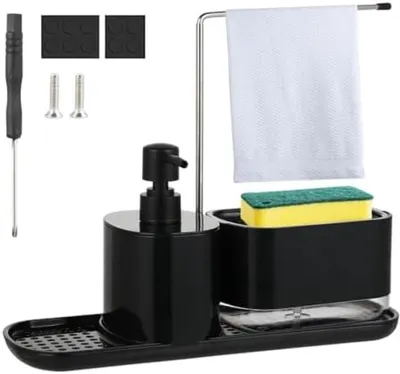 Productafbeelding van PromoHome® Keukenzeepdispenser set met sponshouder – Zwarte 2-in-1 organizer, 31x11x11 cm, kunststof