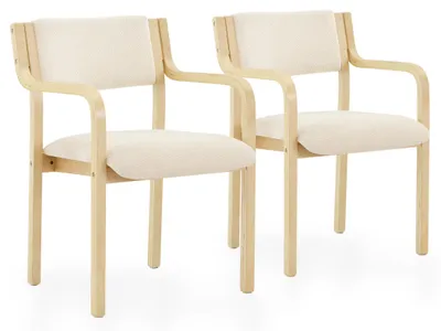 Productafbeelding van Set van 2 Scandinavische armstoelen met teddy-stof bekleding, beuken houten armleuningen, een gestoffeerde rugleuning en zitvlak, geschikt voor de eetkamer, keuken en woonkamer