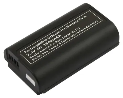A black rechargeable lithium-ion battery pack for a Panasonic Lumix camera.
