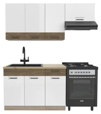 Produktbild von Küchenzeile 180 cm - FAVORIT D - Ohne Arbeitsplatte - Weiß Hochglanz - Sonoma Eiche - Singleküche ohne Geräte - Metallbox Schubladen