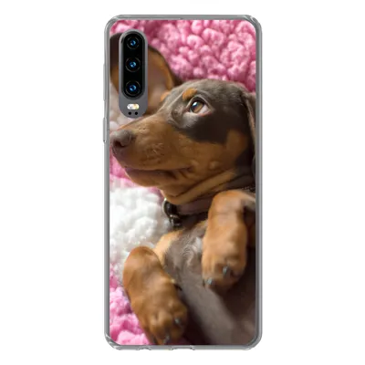 Produktbild von MuchoWow® Handyhülle Schutzhülle Hülle für Huawei P30 Ein Dackelwelpe auf einer rosa Decke Silikon Softcase Handy Hülle - Kartenbesitzer