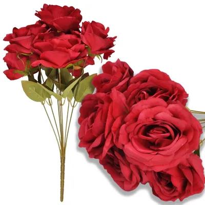 Produktbild von Künstliche Rose Rosenstrauß Kunstblumen Bukett 44 cm 7 Blüten Rot Grabdeko Tischdeko Dekoration
