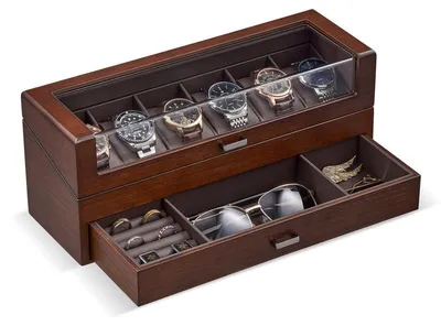 Produktbild von Uhrenbox Schmuckkasten Uhrenkasten - 6 Fächer - Walnuss - 34,5 x 11,48 x 14,27 cm