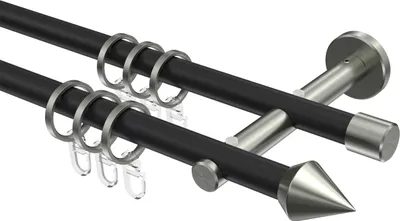 Produktbild von Interdeco Gardinenstange / Vorhangstange Schwarz / Edelstahl-Optik, Typ Medium Castello (Doppelkegel), 16 mm Ø 2-läufig, 520 cm