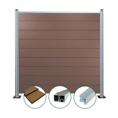 Produktbild von Woodstore24 - WPC Sichtschutzzaun - braun – 2 x Zaun & 3 x Pfosten - 185 cm x 180 cm - Gartenzaun Komplettset - inkl. Pfosten Silber eloxiert