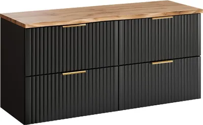 Produktbild von Badezimmer Waschbeckenschrank mit 120 cm Breite, schwarz und Eiche mit Baumkantenoptik, gerillte Front, 4 Schubladen - ADELAIDE-56-BLACK