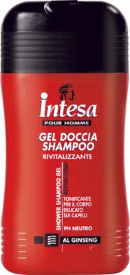 A product shot of a red bottle of Intesa Pour Homme shower gel and shampoo.