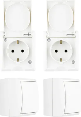 Produktbild von REV AquaForm Feuchtraum Steckdosen Schalter Starter Set Weiß 4 teilig AP IP44