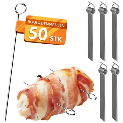 Produktbild von Lindenstein Rouladennadeln 50 Stück, 10 cm Edelstahl Rouladenspieße mit Ringgriff und scharfer Spitze, rostfreie Fleischspieße als Ersatz für Rouladenklammern und Rouladenbinder