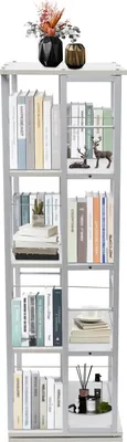 A tall, four-tiered white bookshelf filled with books and decorative items.