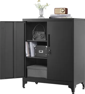 Produktbild von SONGMICS Aktenschrank, Mehrzweckschrank, Büroschrank mit 2 Türen, Schrank abschließbar, aus Stahl Schwarz