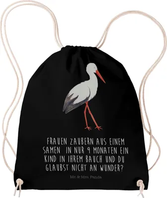 Produktbild von Mr. & Mrs. Panda Turnbeutel Storch - Schwarz - Geschenk, Sportbeutel, Schwangerschaft, Beutel, Babybauch, Jutebeutel, Störche, Baby, rucksack, Schwanger, wander, Geburt
