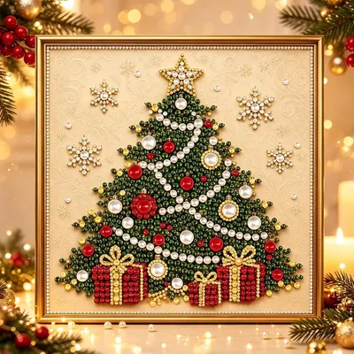 Obrázek produktu pro Sada pro tvorbu 3D vánočních obrázků technikou "diamond painting" - DIY sada s rámem - 20 x 20 cm - vánoční stromek jako nástěnná dekorace - obrázek z perel - pro kreativní aktivity