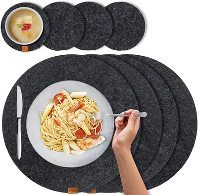 Filz-Tischsets, 8-teilig, rund, anthrazit, abwaschbar, 34 cm