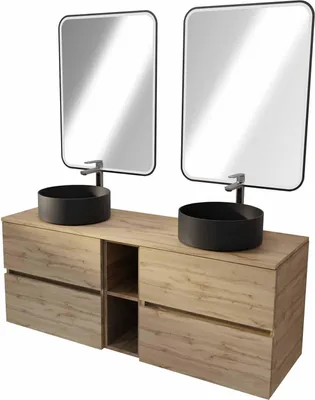 Image de Meuble Salle de Bains 140 TIMBERReproduction Chêne 4 Tiroirs et Module Vasques Noires Miroirs LED 60x80