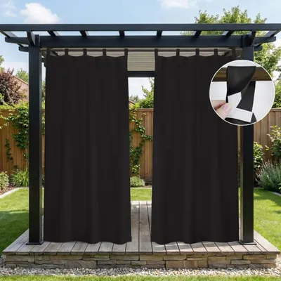 Produktbild von Outdoor Vorhänge Wasserdicht Blickdicht Sonnenschutz Außenvorhang mit Abnehmbaren Schlaufen Terrasse Gardinen, 1 Stück, Schwarz, B132xH213cm