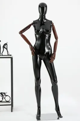 Immagine prodotto di Eurotondisplay HX-DF11-HM: manichino da vetrina astratto femminile, nero lucido, testa a uovo, braccia in legno, mani mobili, piastra in acciaio inossidabile di alta qualità