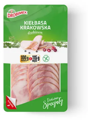 Zdjęcie produktu dla Kiełbasa krakowska z kurcząt plastry 100 g Drobimex