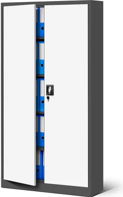 A gray metal cabinet with white doors opened to reveal several blue binders on shelves.