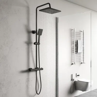 Obrázek produktu pro Uniqoos® Elegantní černý sprchový systém – výškově nastavitelná sprchová hlavice (800–1200 mm), termostatická (38 °C), otočná sprchová hlavice a ruční sprcha (360°), materiál: mosaz/nerezová ocel/ABS