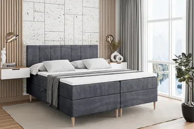 Produktbild von ALTDECOR Boxspringbett mit Holz Füßen, Matratze und Lattenrost, Boxbett, Topper, Polsterbett mit Bettkasten, Bett mit Stauraum H4-Matratze, Doppelbett - MOETI-FD- 140x200 - Dunkelgrau Samt
