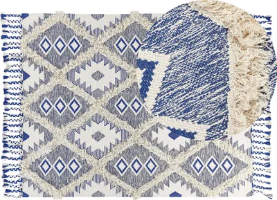 Produktbild von BELIANI Teppich Beige / Blau Baumwolle 140 x 200 cm Rechteckig Geometrisches Muster Boho mit Fransen Fußbodenheizug Geeignet Wohnzimmer Flur