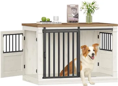 Produktbild von 101cm Hundekäfig-Möbel, Hundebox für Zuhause mit 3 Türen | Hundebox Holz, Schiebetüren, für Kleine, Mittlere, Große Hunde, Robuster, Beistelltisch, Weißeiche und Weiß