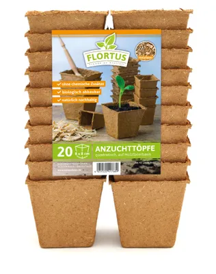Produktbild von 8 x 8 cm Anzuchttopf quadratisch auf Holzfaser Basis | Anzuchttöpfe von FLORTUS, Menge (Stück):20 Stück