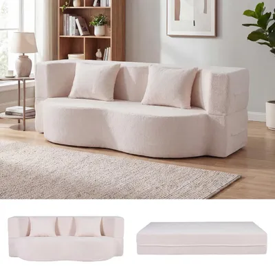Zdjęcie produktu dla Rozkładana sofa COSTWAY, sofa bezsprężynowa z 2 wygodnymi poduszkami i pianką z pamięcią kształtu, sofa z polaru typu teddy z funkcją spania, rozkładana sofa, biała