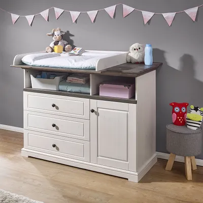 Produktbild von Babyzimmer Wickelkommode Kiefer weiß mit grau, JAANIKA-69