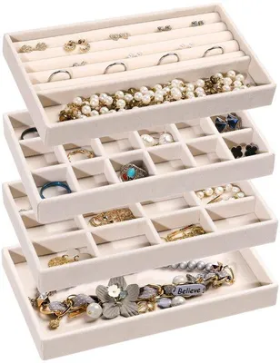 Produktbild von Ibenzoa® Schmuck-Organizer Set, 4-tlg. mit weichem Samt – 18 & 12 Fächer, 4 Ringschlitze, langes Fach + leeres Tableau, stapelbar & verstellbar, für Ringe und Ketten