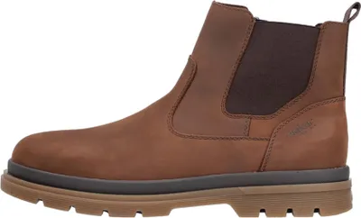 Side view of a brown leather Chelsea boot.