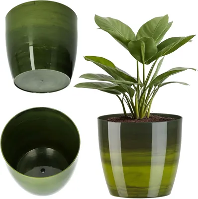 A collage of images showing a green marble patterned plant pot from different angles, including a top-down view and a side view with a plant inside.