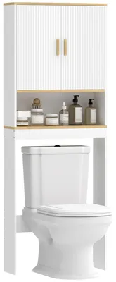 Image de Étagère de salle de bain au-dessus des toilettes - Meuble de salle de bain à 3 niveaux - Autoportant - En bois - Avec étagère réglable - Dimensions : 64 x 20 x 170,5 cm - Blanc