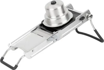 A stainless steel mandoline slicer with a food holder is shown against a white background.