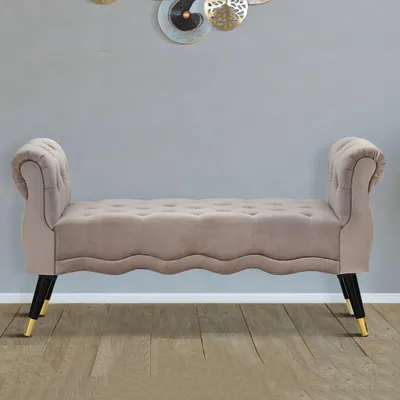 Image de Humahu - Banc, 120x40x60h cm Gris, en Velours, avec Accoudoirs Détails Dorés