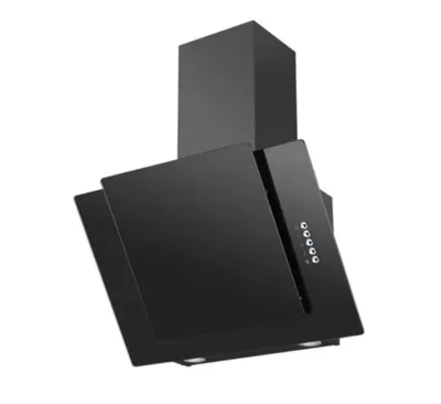 A black kitchen hood is shown against a white background.