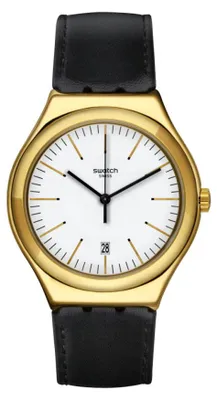 Produktbild von Swatch Herren Armbanduhr Ywg404 Quarz 42 mm vergoldeter Edelstahl Lederarmband