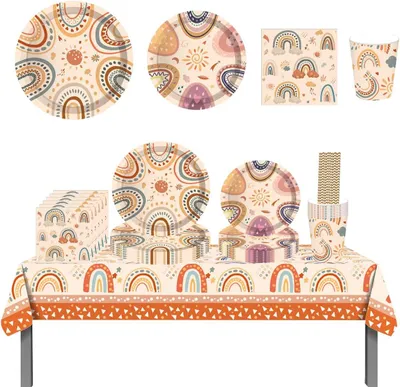 Immagine prodotto di Set di stoviglie a tema "Arcobaleno Boho" per feste di compleanno, 70 pezzi, set di stoviglie per tavola, ideale per feste di compleanno a tema boho e arcobaleno, per 8 invitati
