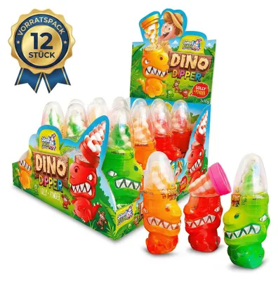 Produktbild von Display Komplett 12x Dino Dipper Licker, Lutscher, 50g mit saurem Pulver