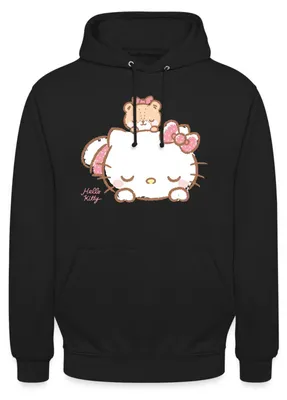 Produktbild von Spreadshirt Hello Kitty Mit Teddy Auf Dem Rücken Uni Hoodie, M, Schwarz