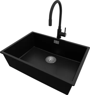 Produktbild von PRIMAGRAN Granitspüle Schwarz 66x47cm, Spülbecken 1 Becken + Küchenarmatur 40x38cm + Ablauf-Set, Küchenspüle ab 70er Unterschrank - London Slim